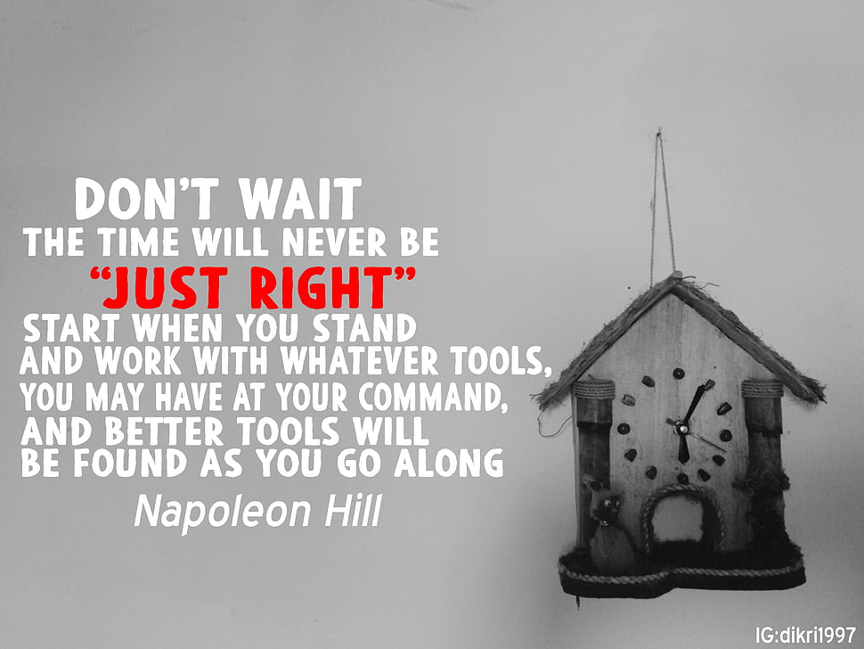 gray wall clock with text overlay, quote HD wallpaper