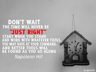 gray wall clock with text overlay, quote