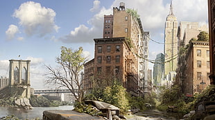 brown concrete building, apocalyptic, New York City, futuristic, ruin