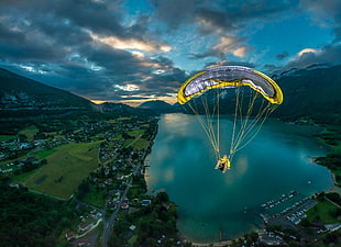 yellow parachute, nature, landscape, flying, paragliding HD wallpaper