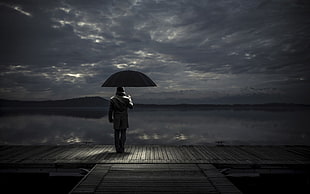 men's brown coat and black umbrella, alone, clouds, lake, umbrella HD wallpaper