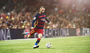 FC Barcelona playing kicking football using right foot