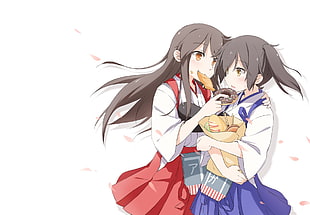 two female anime characters eating doughnut together
