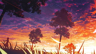 trees illustration, landscape, trees, sunset, grass