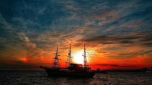 black ship, sky, Sun, sunlight, clouds