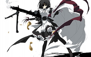 female anime character in black and white dress holding machine gun