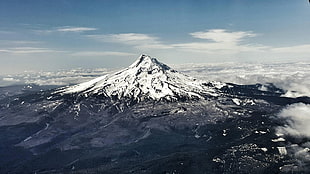 white and black mountain, Mount Hood, snow, clouds, landscape