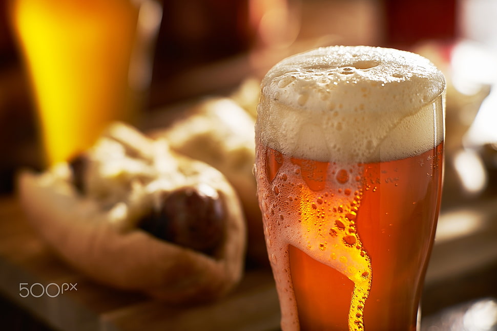 clear glass beer mug, Joshua Resnick, food, hot dogs, beer HD wallpaper