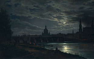 river and concrete buildings, painting, night, Moon, city