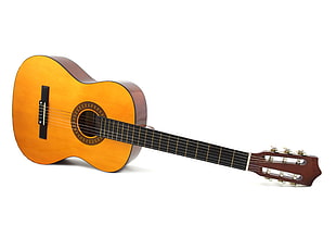 brown and black wooden classical guitar