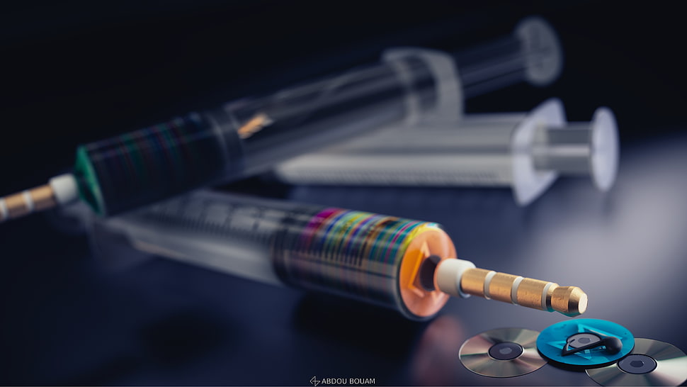 three assorted-color syringes, 3D, compact disc, syringe HD wallpaper