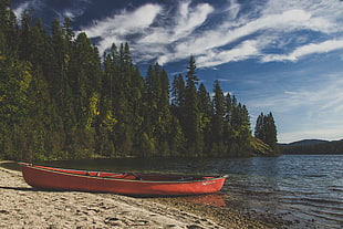 red canoe boat, landscape, lake, boat, trees