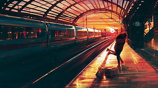 blue train, 2D, digital art, landscape, train station HD wallpaper