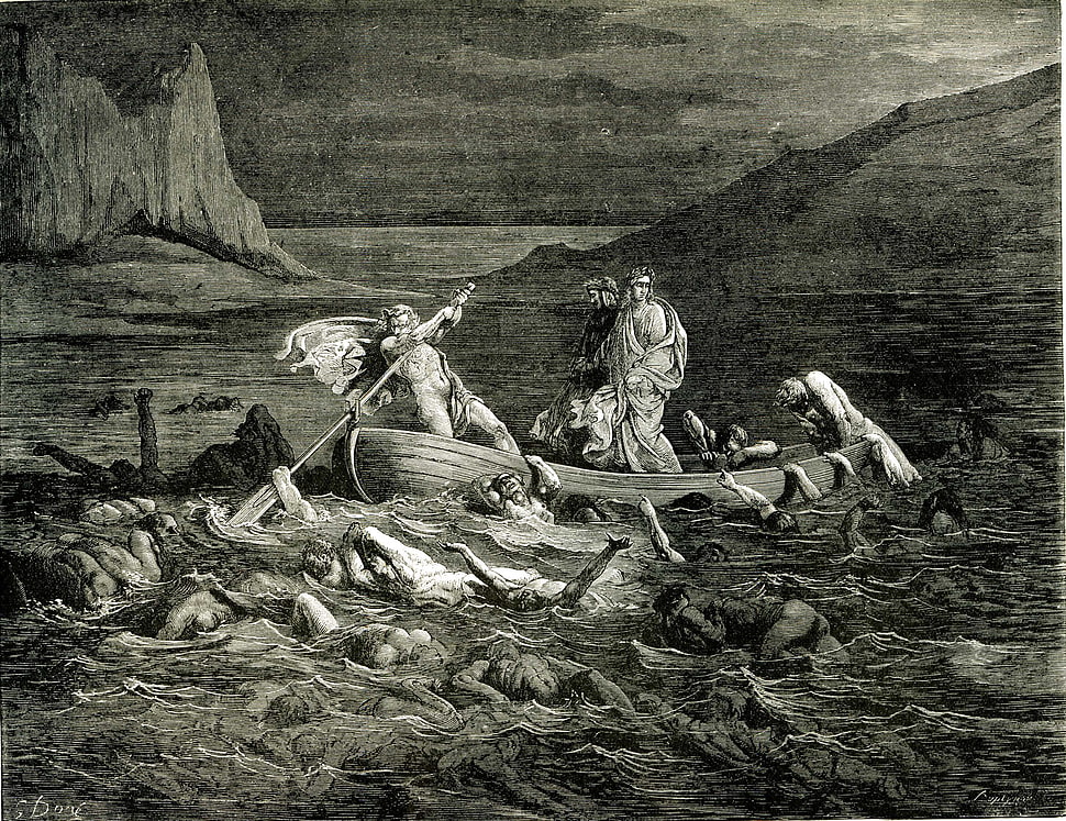 man on canoe painting, The Divine Comedy, Dante's Inferno, Dante Alighieri, Gustave Doré HD wallpaper