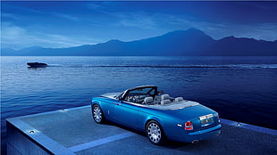 blue convertible coupe, car, Rolls-Royce, blue cars, boat HD wallpaper