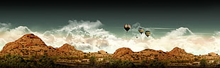 three hot air balloons, landscape, hot air balloons, sky, clouds