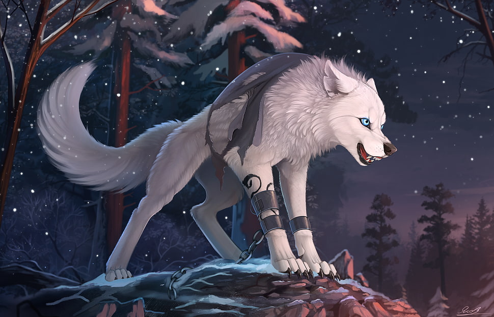 white wolf with back armor cartoon screenshot HD wallpaper