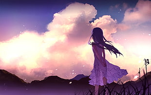 girl standing on grass anime character digital wallpaper