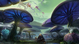 blue mushrooms and jelly fish digital wallpaper, fantasy art, magic mushrooms, jellyfish HD wallpaper