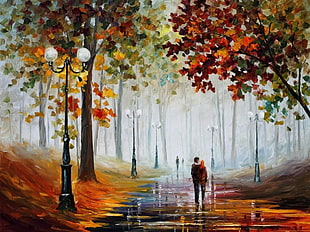 painting of man and woman walking between forest