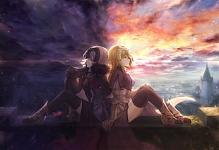 two female character sitting wallpaper, armor, blonde, blue eyes, chains