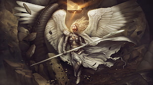 woman wearing gray and white top and bottoms with wings fictional character illustration