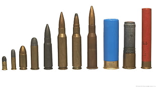 assorted gun bullets, ammunition, scale, 7.62, 9 mm