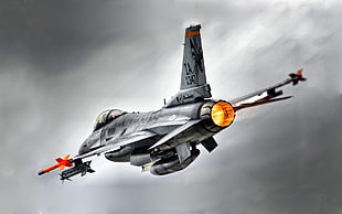 gray jet plane, General Dynamics F-16 Fighting Falcon, aircraft