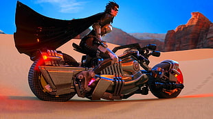 animated lady wearing black cape riding motorcycle on desert during daytime