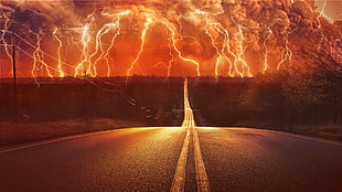 landscape photography of road between trees and thunder at distance, road, lightning, storm, digital art