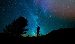 silhouette of man and woman near tree under stars during night
