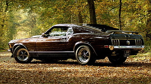 brown Ford Mustang parked near trees