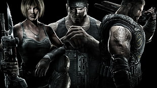 wallpaper of two male and one female animated game characters holding weapons