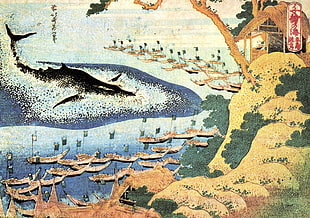 group of gondola near shark artwork, Hokusai, Japan, ink, whale HD wallpaper