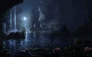 body of water at night painting, night, Moon, moon rays, water