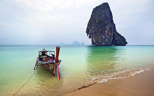 brown wooden boat, boat, Thailand, beach HD wallpaper