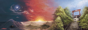 illustration of sunrise, sunset, and evening, Touhou, anime, Hakurei Reimu, landscape