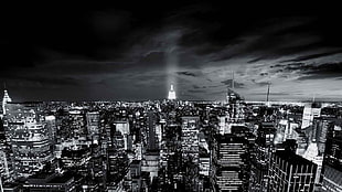 grayscale photo of city buildings, monochrome, New York City, cityscape