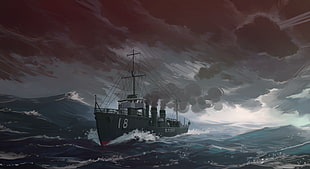 black boat digital art, painting, Destroyer, Amatsukaze