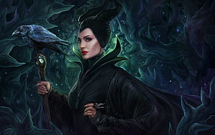Angelina Jolie as Maleficent, Angelina Jolie, Maleficent, crow, drawing HD wallpaper
