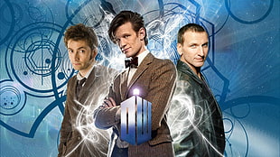men's brown formal suit jacket, Doctor Who, Christopher Eccleston, symbols, David Tennant