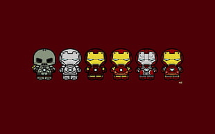 six assorted-color Iron Man figures, Iron Man, superhero, minimalism, red
