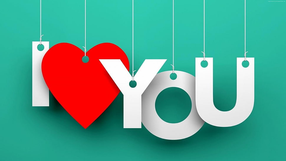white and red i heart you hanging signage HD wallpaper