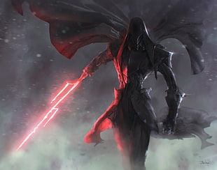 hero with black suit holding red lighting sword digital wallpaper