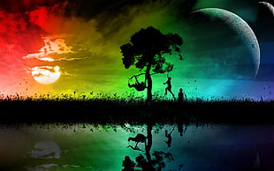tree and body of water illustration, space, rainbows, climbing, children HD wallpaper