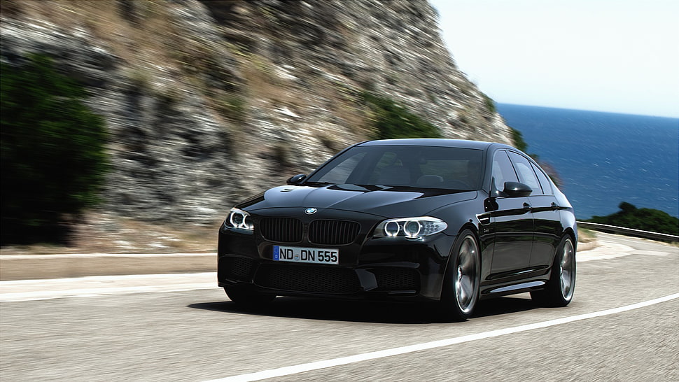 black BMW sedan, BMW M5, BMW, road, black cars HD wallpaper