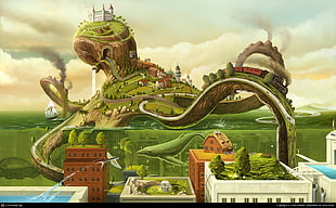 green hill illustration, fantasy art, surreal, octopus, whale HD wallpaper