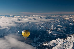 yellow hot air balloon, nature, photography, landscape, mountains HD wallpaper