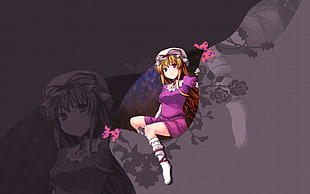 girl wearing purple cap-sleeved anime character digital wallpaper