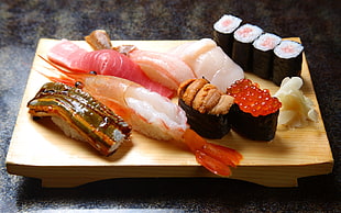 Japanese food on brown wooden board
